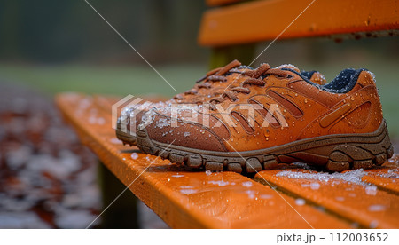 Brown outdoor shoe sprinkled with fresh snowflakes on an orange bench, signifying the onset of winter. 112003652