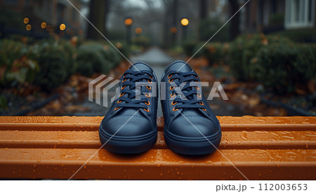 Dark blue sneakers with orange laces symmetrically placed on a wet orange bench in an outdoor setting. 112003653