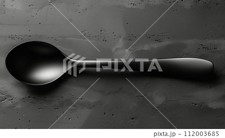 A matte black spoon on a textured grey concrete surface with subtle highlights. 112003685