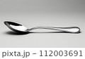An elegant, silver spoon with a flowing design on a soft grey backdrop. 112003691