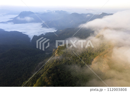 Top view Landscape of Morning Mist with Mountain Layer at north of Thailand. mountain ridge and clouds in rural jungle bush forest 112003808