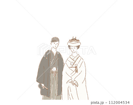 白無垢（角隠し）と紋付袴姿の新郎新婦、結婚式、 112004534