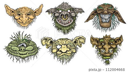Hand drawn vector set with colorful engraved funny demon or gnome faces isolated on white, fantasy illustrations for stickers, tattoo, t shirt Hand drawn vector set with colorful engraved funny demon or gnome faces isolated on white, fantasy illustrations for stickers, tattoo, t shirt 112004668