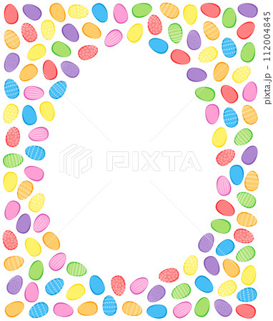 Colorful Easter egg background. Numerous easter eggs, brightly colored and some with decorative patterns, criss-cross and randomly arranged around an empty egg shape. Isolated illustration over white. Colorful Easter egg background. Numerous easter eggs, brightly colored and some with decorative patterns, criss-cross and randomly arranged around an empty egg shape. Isolated illustration over white. 112004845