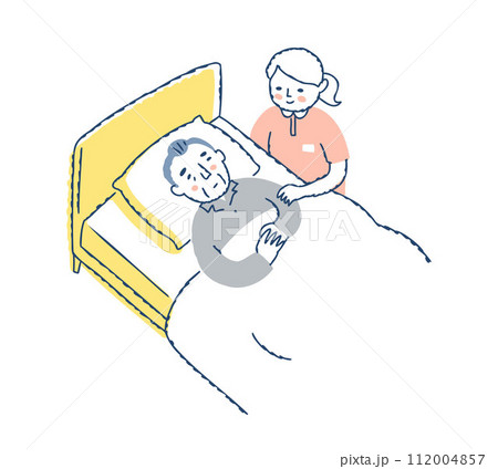 ベッドに寝ているシニア男性と介護している女性 112004857