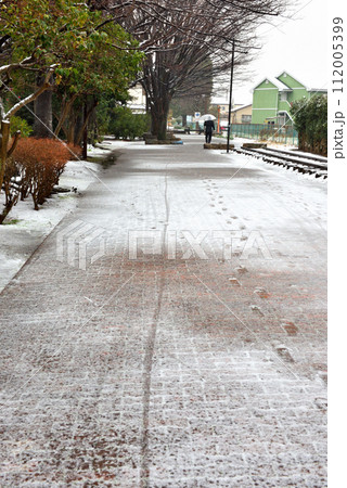 雪が積もって静まりかえる寒川一之宮公園緑道 112005399