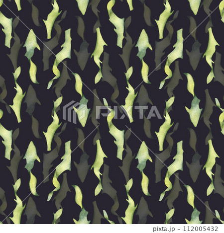 Watercolor seamless pattern of colorful laminaria illustration isolated on black. Kelp, seaweeds hand drawn. Painted algae. Design for background, textile, packaging, wrapping, marine collection 112005432