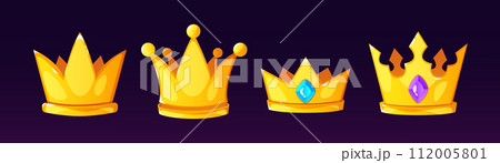 Golden crowns set isolated on black background 112005801