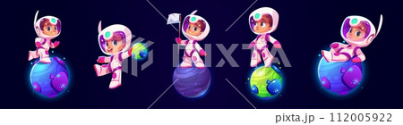 Cute kid boy astronaut flying in outer space. 112005922