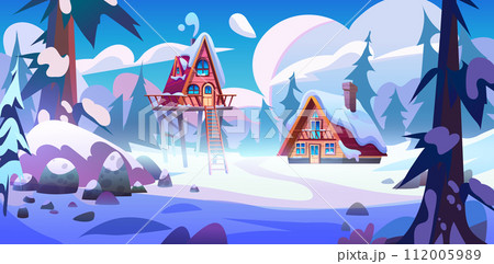 Wooden cabins on river bank with snow in forest. Wooden cabins on river bank with snow in forest. 112005989