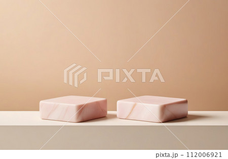 Two Marble podiums. Pink pastel background to stage cosmetic product. Empty flat showcase display case. Mockup pedestal trendy backdrop. Floor smooth platform, palm leaf. Natural ad show scene space 112006921