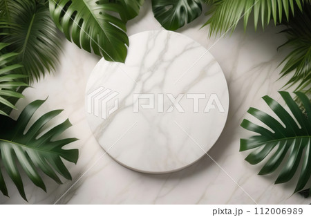 Empty round podium cosmetic product. Fresh tropical leaves around. Abstract geometrical one form. Cylinder marble white sphere, soft shadow. White background. Trendy showcase, display case. Empty round podium cosmetic product. Fresh tropical leaves around. Abstract geometrical one form. Cylinder marble white sphere, soft shadow. White background. Trendy showcase, display case. 112006989