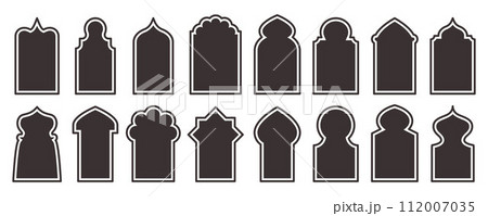 Ramadan frame shapes set. Vector door and windows arch with Islamic design. Muslim oriental gate. Indian vintage arcs with traditional ornament. Architecture elements and stickers Ramadan frame shapes set. Vector door and windows arch with Islamic design. Muslim oriental gate. Indian vintage arcs with traditional ornament. Architecture elements and stickers 112007035