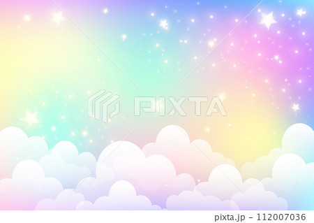 Rainbow unicorn pastel background with glitter stars. Pink cloudy fantasy sky. Cute holographic space. Fairy iridescent gradient backdrop. Vector Rainbow unicorn pastel background with glitter stars. Pink cloudy fantasy sky. Cute holographic space. Fairy iridescent gradient backdrop. Vector 112007036