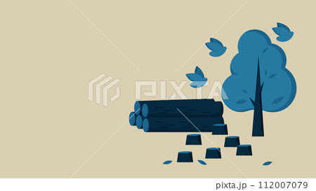 森林破壊。伐採されすぎた木。飛び立つ鳥。 112007079