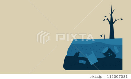 土壌汚染。土の中にペットボトルや電池や汚染物質があります。その周りの木は枯れています。 112007081