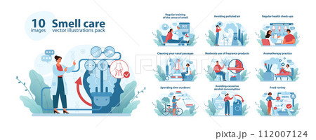 Smell Care Concept set. Promoting olfactory health through various activities. Collection showcases techniques for maintaining and enhancing the sense of smell. Flat vector illustration. Smell Care Concept set. Promoting olfactory health through various activities. Collection showcases techniques for maintaining and enhancing the sense of smell. Flat vector illustration. 112007124