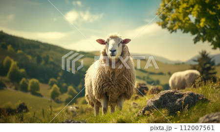 Merino sheep standing in lush sunlit pasture,...のイラスト素材 [112007561] - PIXTA