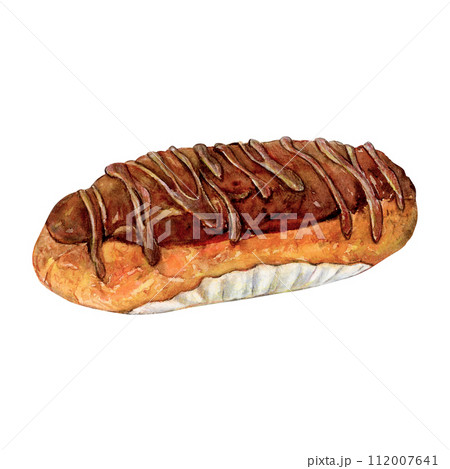 Cake eclair chocolate watercolor drawing cream. Icing bakery tasty dessert illustration. Sweet day pastry aquarelle picture isolated on white background. Delicious whipped profiterole. Sauce puffs 112007641