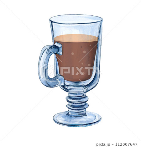 Glass cup coffee tea watercolor drawing. Glassware full transparent on leg. Drinkware aquarelle isolated white chocolate. Goblet clear utensil tableware. Glassful tumbler vial drink. Handle beverage Glass cup coffee tea watercolor drawing. Glassware full transparent on leg. Drinkware aquarelle isolated white chocolate. Goblet clear utensil tableware. Glassful tumbler vial drink. Handle beverage 112007647