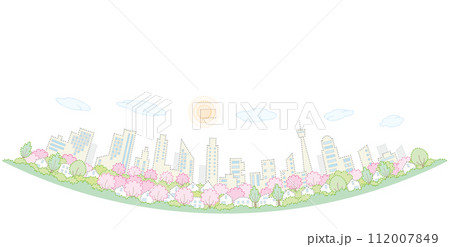桜の咲く街並み. 春の街並み. 点画のベクターイラスト. 桜の咲く街並み. 春の街並み. 点画のベクターイラスト. 112007849