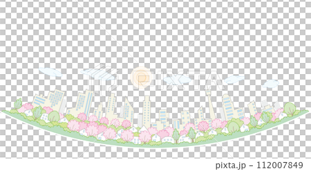桜の咲く街並み. 春の街並み. 点画のベクターイラスト. 桜の咲く街並み. 春の街並み. 点画のベクターイラスト. 112007849