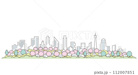 桜の咲く街並み. 春の街並み. 点画のベクターイラスト. 桜の咲く街並み. 春の街並み. 点画のベクターイラスト. 112007851