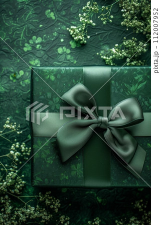 Green Luxury Gift Box with a Shiny Bow on a Shamrock Background large copyspace area 112007952