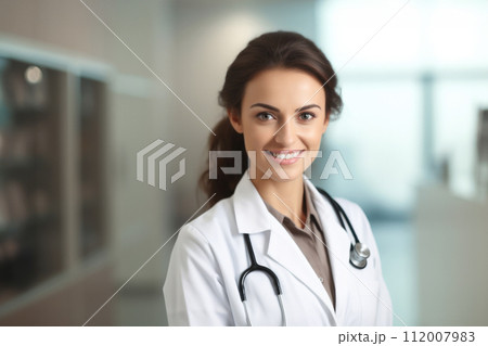 Beutiful smiling woman doctor in clinic. Compassion and empathy in healing process as integral to patient recovery and well-being. Holistic approach to health. Professionalism and care in healthcare Beutiful smiling woman doctor in clinic. Compassion and empathy in healing process as integral to patient recovery and well-being. Holistic approach to health. Professionalism and care in healthcare 112007983