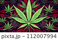 Artistic composition featuring symmetrical cannabis leaves in varying shades of green and red against a dark background. 112007994