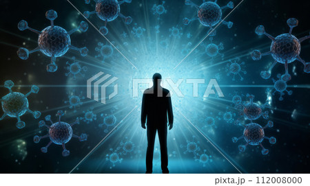 Silhouetted figure before radiant burst of light surrounded by detailed virus structures, creating danger of a pandemic. Public health campaigns and education on disease prevention Silhouetted figure before radiant burst of light surrounded by detailed virus structures, creating danger of a pandemic. Public health campaigns and education on disease prevention 112008000