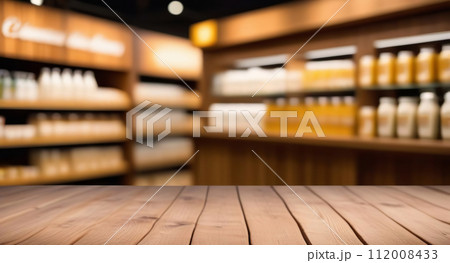 Empty table top with supermarket blurred defocused panorama, bokeh light. Backdrop for display or montage products. Blank wood textured counter with blur grocery, market store background. Front view 112008433