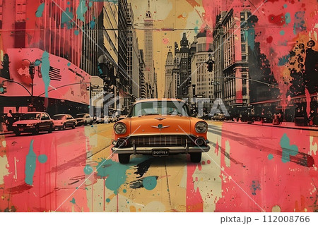 Colorful City Street with Yellow and Red Classic Cars Colorful City Street with Yellow and Red Classic Cars 112008766