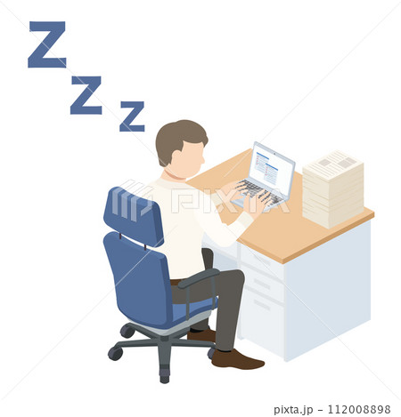 仕事中に居眠りをしているビジネスマンのイラスト 112008898