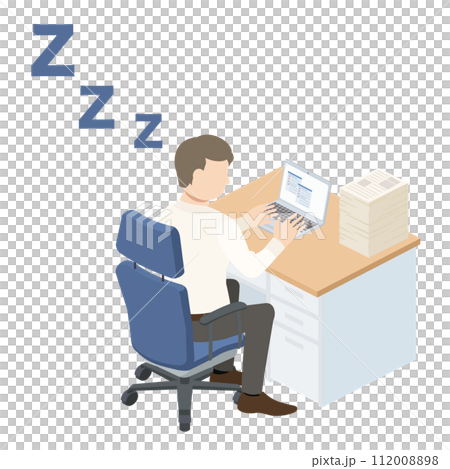 仕事中に居眠りをしているビジネスマンのイラスト 112008898
