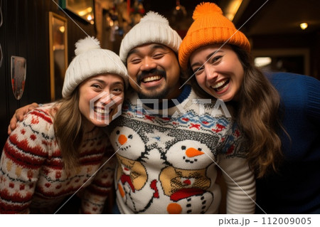 person wearing Christmas ugly sweater isolated. Generative AI person wearing Christmas ugly sweater isolated. Generative AI 112009005