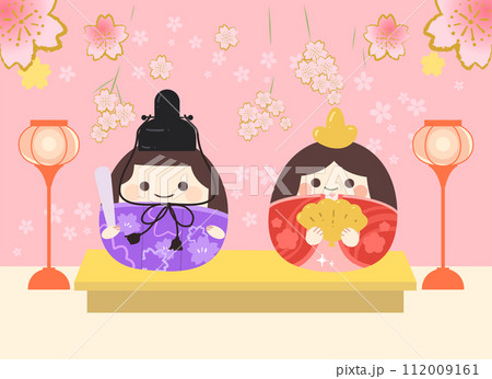 3月の季節の行事のひな祭り、桃の節句、雛人形のイラスト。 112009161