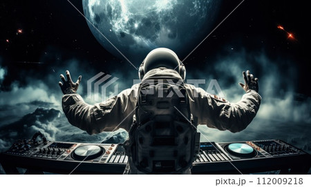 Astronaut DJ playing music in spaceship. Generative AI. 112009218