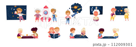 Boy and Girl Character Study Space and Galaxy Examine Solar System Vector Set 112009301