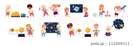 Boy and Girl Character Study Space and Galaxy Examine Solar System Vector Set 112009311