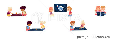 Boy and Girl Character Study Space and Galaxy Examine Solar System Vector Set 112009320