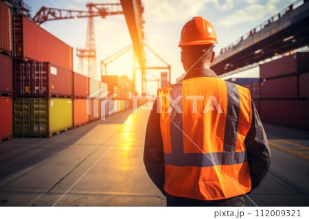 A man with safety move containers to maintain organization, transport, import and export, and cargo freight logistics. AI generative . 112009321