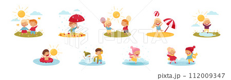 Kids Enjoying Season Walking at Nature Vector Set 112009347