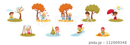 Kids Enjoying Season Walking at Nature Vector Set 112009348