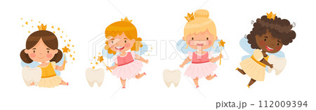 Cute Little Tooth Fairy with Baby Teeth and Magic Wand Vector Set 112009394