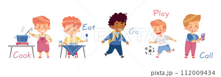 Verbs Study with Little Kids Doing Different Activity Demonstrating Vocabulary Vector Set 112009434