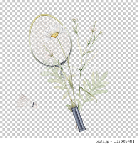Set of sports equipment shuttlecock and badminton racket. Watercolor hand drawing illustration on a white isolated background. Watercolor bouquet of flowers daisy and meadow. Chamomile white plant. 112009491