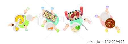 Tasty Dish Served by Human Hand on Plate Above View Vector Set 112009495