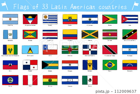 世界の国旗　中南米の33か国セット、手描き風 112009637