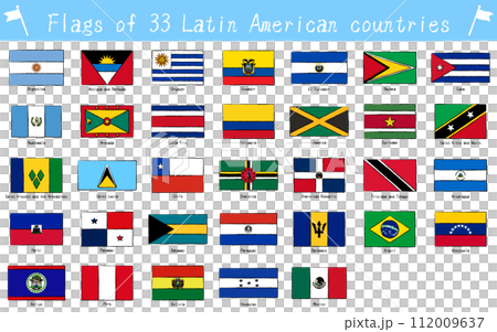 世界の国旗　中南米の33か国セット、手描き風 112009637
